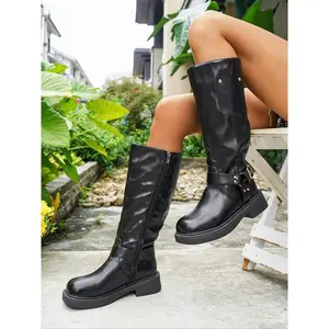 Women's Black Leather Mid-calf Boots, Casual Trendy Round-toe Boots, Comfortable Thick-soled Boots, Versatile Mid-heel Boots, Fashionable Daily Wear Boots, Female Stylish Footwear, Chic Shoes, Modern Boots, All-match Boots, Trendy Footwear