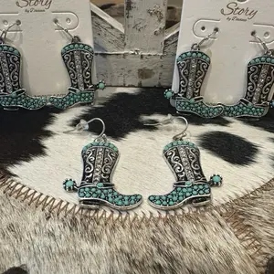 Western Cowboy Boot Dangle Earrings with Turquoise Accents and Sparkling Details