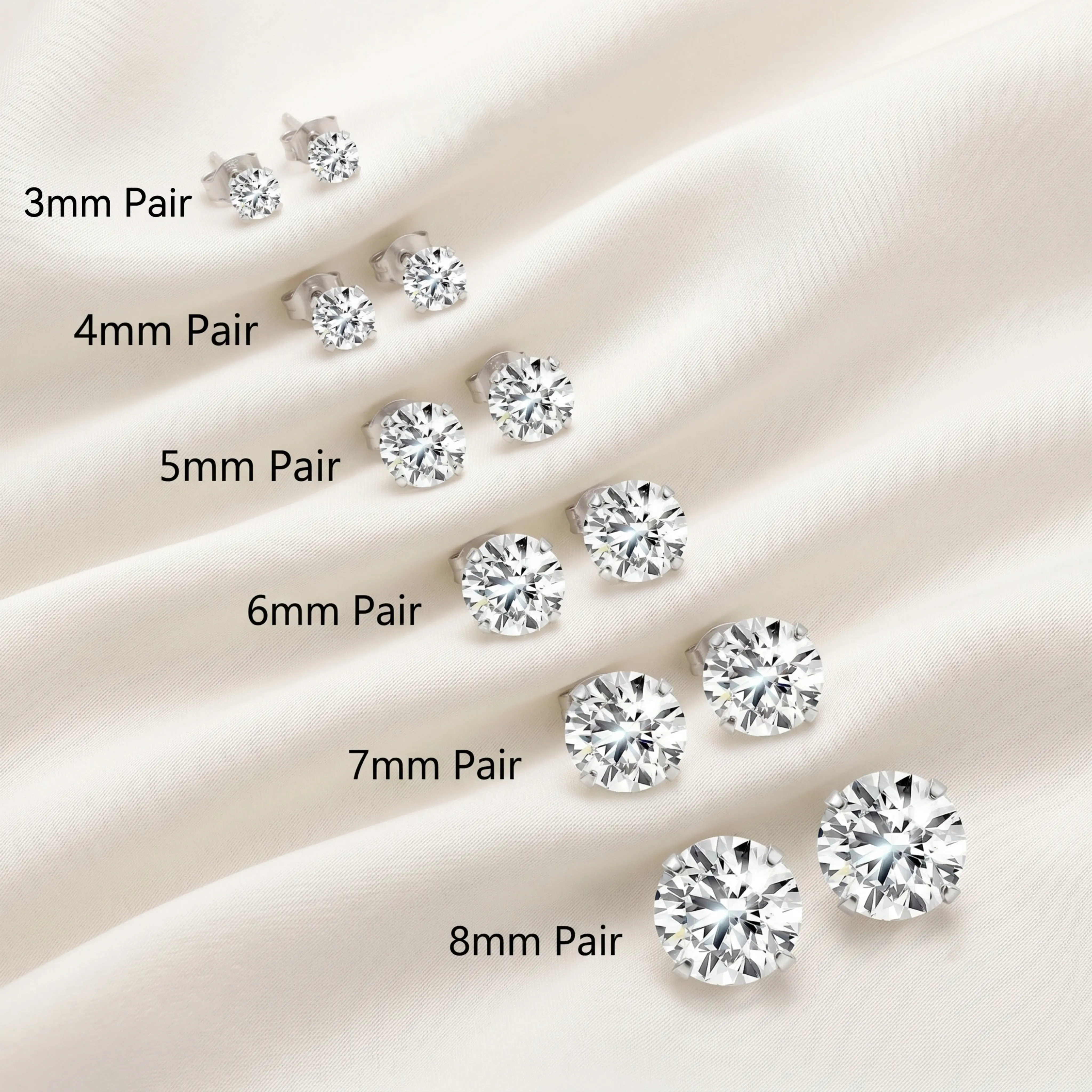 6 Pairs Stud Earrings Set, Hypoallergenic Cubic Zirconia 316L Earrings Stainless Steel CZ Earrings 3-8mm for Couples Men Women Classic Daily Graduation Anniversary Gifts