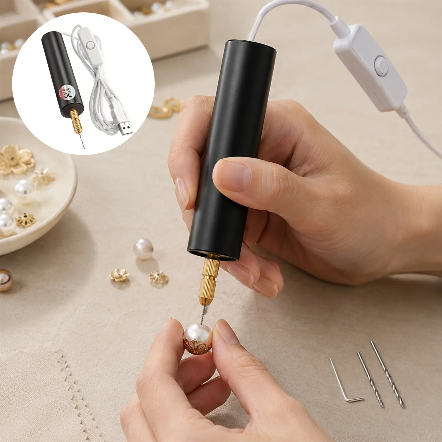 USB-Powered Electric Hand Drill Tools Set with Drill Bits Set (1.0-1.2mm), Electrical Pin Vise Kit for Resin Casting Molds, Resin Plastic Wood Polymer Clay Jewelry Making Supplies