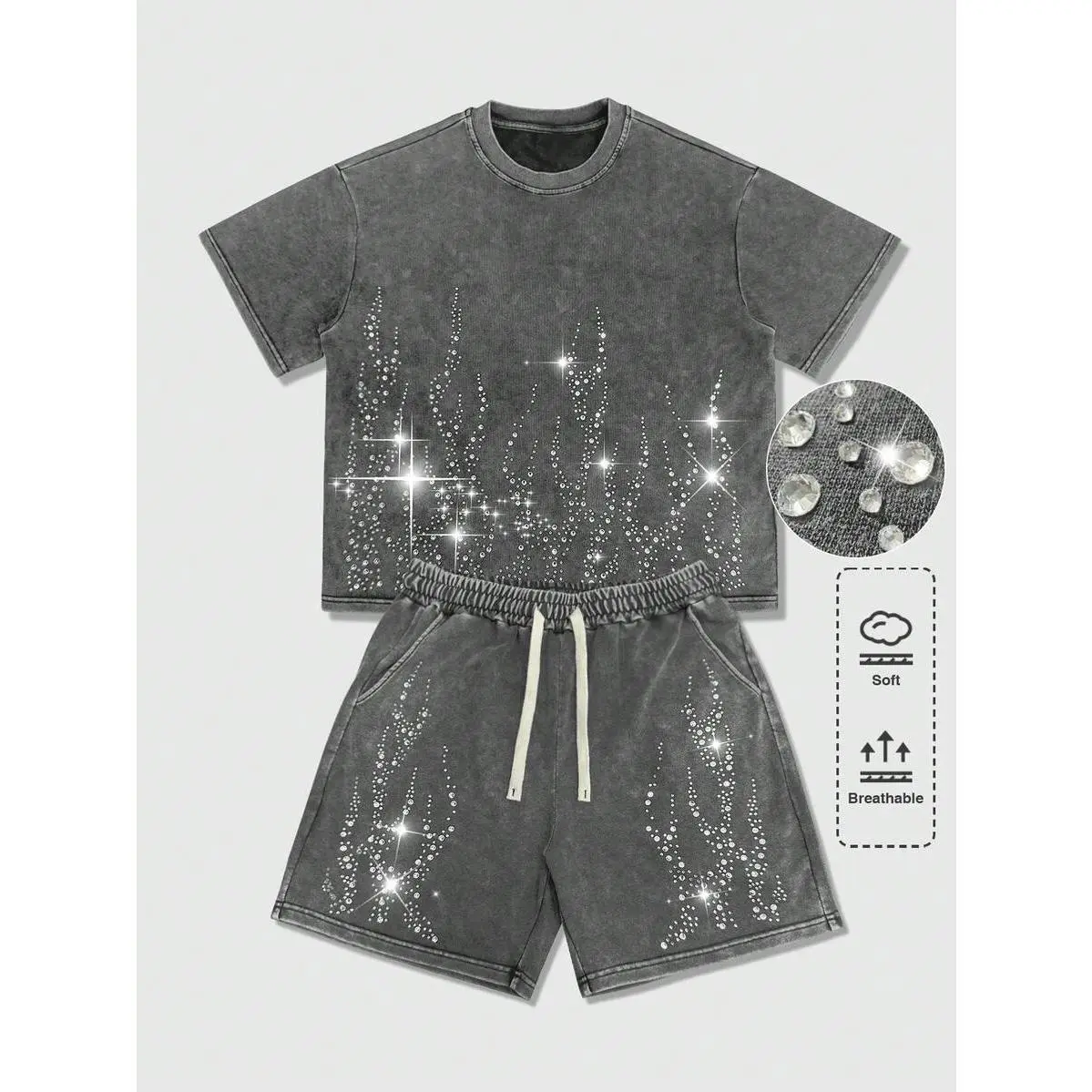 Men's 2-Piece Loose Fit Gothic Punk Clothing Set - Cotton-Polyester Stretch Fabric Short-Sleeve Graphic Tees, Rhinestone-Adorned Drawstring Knit Pants, Round Neck, Drop Shoulder, Pocket, Avant-Garde Galaxy Print