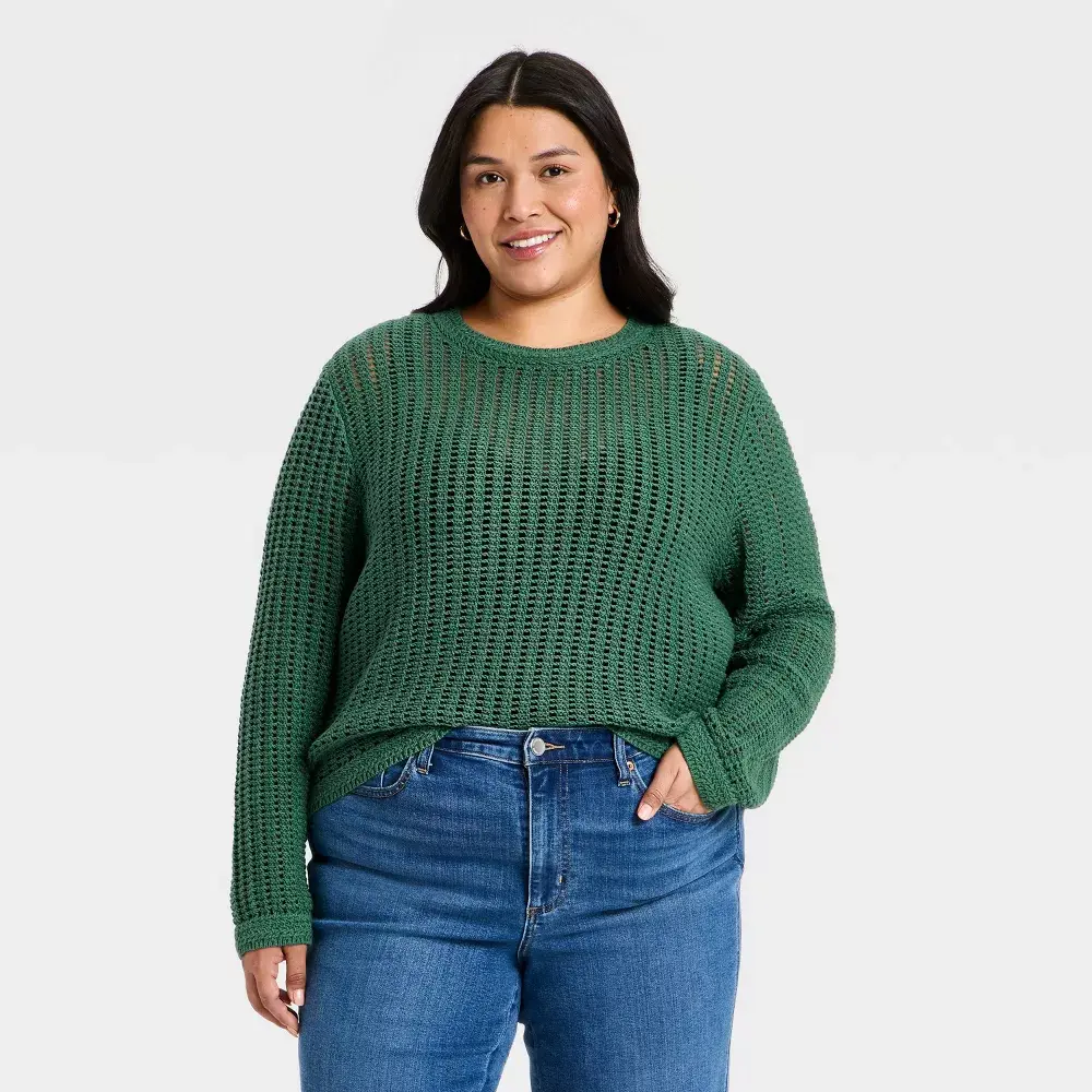 Women's Universal Thread Elegant Ribbed Crochet Openwork Crewneck Knitwear Garment - Green, Stylish Women's Top