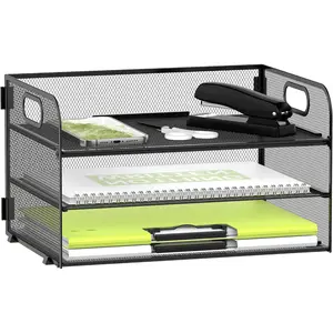 3-Tier Paper Organizer with Handle, Mesh Desk Organizer Letter Tray, Paper Tray Organizer File Organizer for A4 File Folder, Black