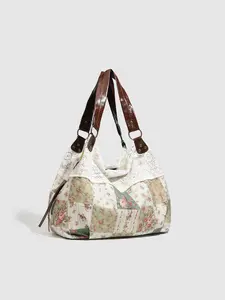 Vintage Floral Patchwork Lace Trim Shoulder Bag, Unisex Design, Perfect for Daily Use, Adds Elegance to Any
