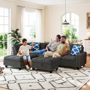 Costway Sectional Sofa Couch, 98" L-Shaped Sofa with Movable Storage Ottoman, Linen Fabric Back & Seat, Cup Holders & Removable Pillows, Modern 4-Seater Sofa for Living Room, Apartment