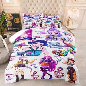 K-Pop Anime Idol Print Comforter Set-1 Quilt and 1-2 Coreless Pillowcases-Stage Girl Group with Holographic Laser Notes & Star Decoration-Comfortable Fabric-Sweet Cool Bedroom Decor or Gift for Fans Cute Bedding