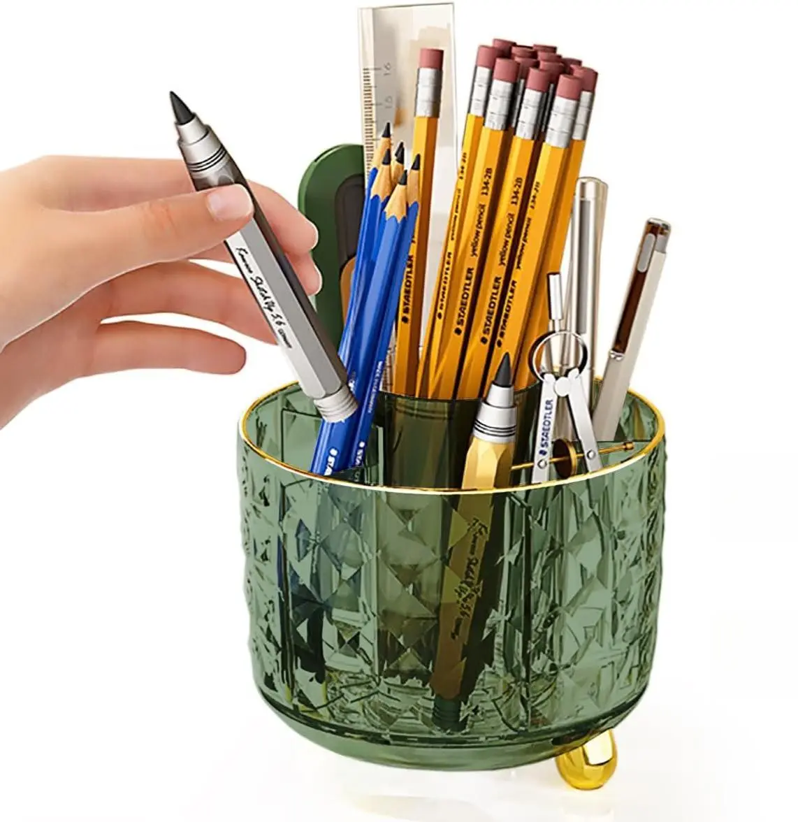 Dark Green 360° Rotatable 6-Compartment Desk Pen Pencil Holder, Compact Stylish Office Stationery Desk Accessory for Artists
