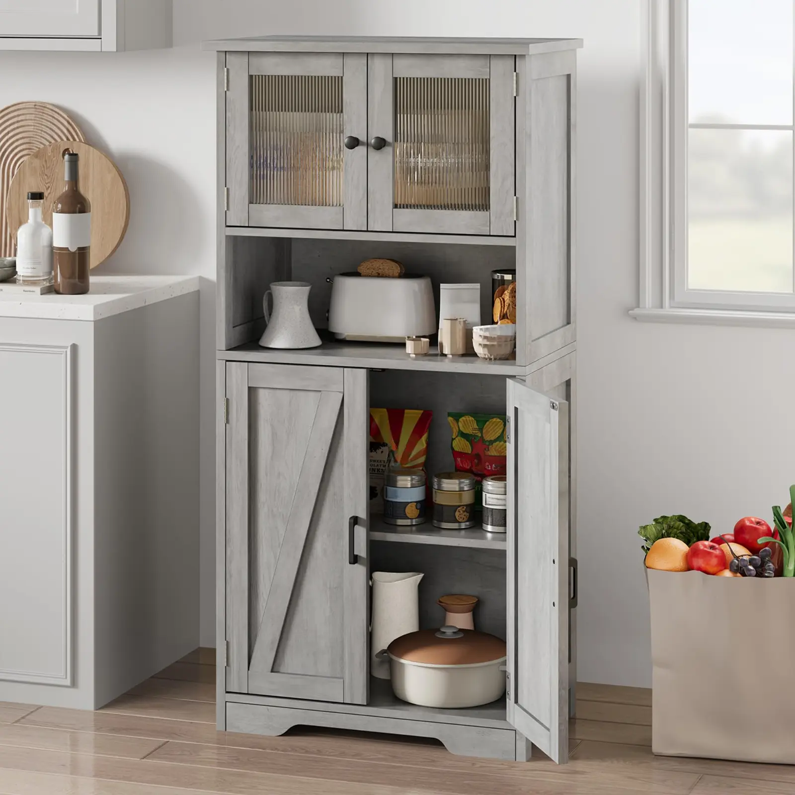 Freestanding Floor Linen Storage Cabinet with Glass Doors & Adjustable Shelves, Standing Cupboard for Bathroom, Kitchen, Living Room, Gray