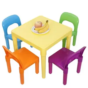 Kids Plastic Table and 4 Chairs Set Multicolor Play Room Furniture for Reading