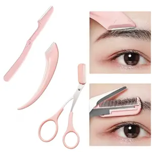 3pcs/set Eyebrow Scissors with Comb,Eyebrow Scissors,Eyebrow Trimmer Scissors Tool,Eyebrow Trimmer Scissors With Comb for Beginner Eyebrow Scissors for Women Girls Stainless Steel Eyebrow Razor (Pink)