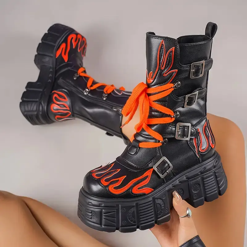 Women's Rock Style Combat Boots with Flame Print | Grunge Aesthetic Platform Mid-Heel Statement Shoes with Side Zip, Women's Fashion