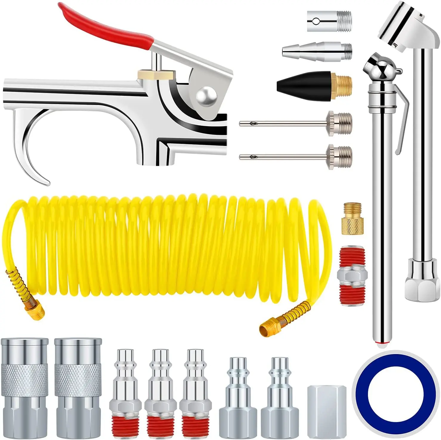 20pcs Air Compressor Inflation Kit - Power Tool Accessory with Recoil Hose, Tire Inflator, Blow Gun, Brass Quick-Connect Connectors, Adapters, Inflatable Mattress Tools, Connecting Tools
