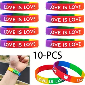 10PCS Waterproof And Sweat-Proof Non-Electric Multi-color Silicone Bracelet Set "Love is Love" Fashion Accessories Men, Women Print Lover Colorful Silicone Wristbands Couple Party Silicone Bracelet Se