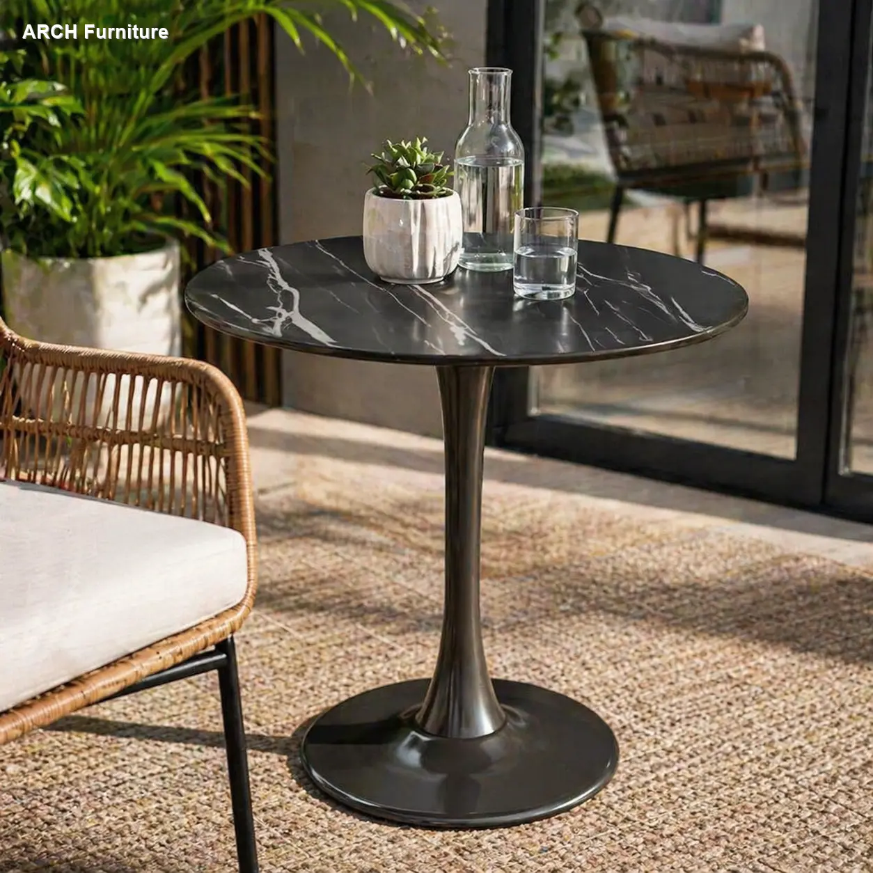 24-in Round Mid-Century Black Marble Tulip Table - Durable Cocktail Table, Outdoor Furniture, MDF Top, Steel Base, Easy-Clean, Quick-Setup for Dining, Living Room, Durable Cocktail Tables