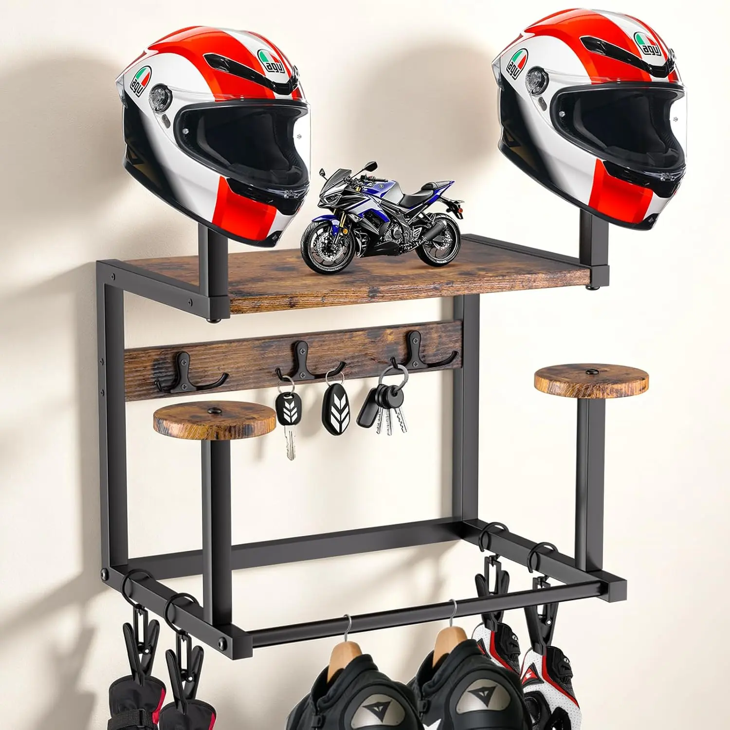 Helmet Wall Mount, 4 Motorcycle Helmet Holder Rack Motorcycle Accessories |   Rustic Tiered Wooden Bike Helmet Organizer with Metal Frame for Men, 4 Glove Clips & 3 Hooks for Helmets, Gear, Clothes