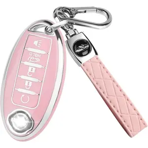 for Nissan Key fob Cover,Soft TPU 360° Car Key Case Protector with Keychain Compatible For Altima,Sentra,Rogue,Pathfinder,Murano,Armada,Maxima,Versa ect 5 Buttons Smart Keys(Pink)