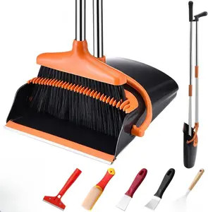 Broom and Dustpan Set with Long Handle and 6 Bonus Cleaning Tools, Upright Standing Combo with Self-Cleaning Teeth & Windproof Dustpan for Pet Hair,