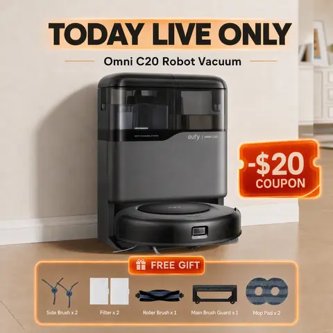 eufy C20 Omni Vacuum Mop Combo - Automated Floor Cleaning Vacuum with Self-Emptying, Auto-Washing, Drying, 3.35-Inch Ultra-Slim Body, 7000 Pa Powerful Suction, All-in-1 Station with Rolling & Side Brushes | Spingtok