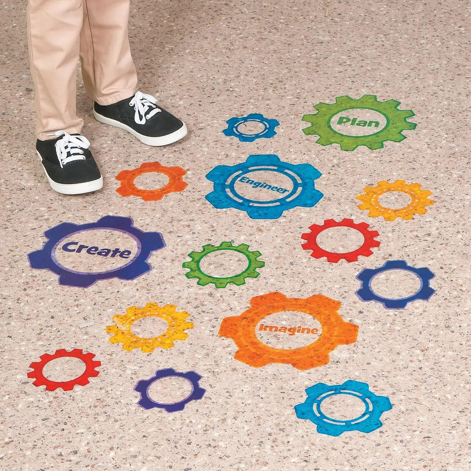 Decorative Gear-Shaped Vinyl Floor Decals for Children, 4.25"-8" Assorted Bright Colors, 26-Pc Set, Printed with Words to Encourage Learning & Create Inviting Entrance