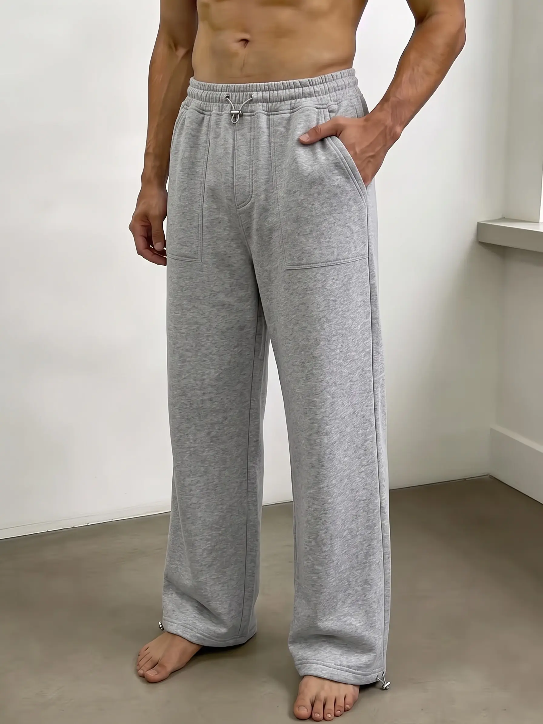 Men’s sweatpants with adjustable waistband, visible topstitching and patch pockets, loose straight-leg fit, thick fleece for winter, casual athletic long pants