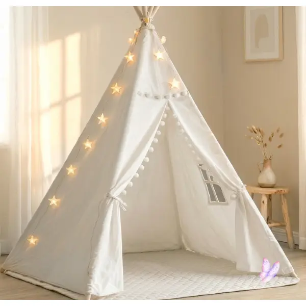 Kids Foldable Teepee Tent - with Starry Lights, Ground Mat, Pockets, Washable Design for Indoor & Outdoor Use, Ideal for Birthdays, Holidays