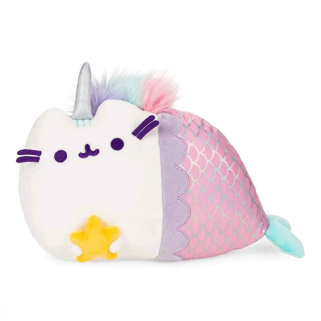 New GUND Pusheenicorn 12-in Collectible Plush Toy - Magical Mermaid Design, Silver Horn, Pink Tail, Polyester, Hand Washable, Touch-Light, 3 AAA Batteries Included, Cute Stuffed Animal, Electronic Interactive Stuffed