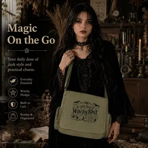 Large-capacity women's messenger bag, made of canvas material, ideal for work, shopping, school, and travel. Featuring an exquisite design of a bat-themed witch, making it an excellent gift choice for witch theme enthusiasts