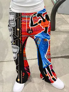 Men's Patchwork Full Print Bell Pants, Ethnic Style Lightweight Casual Long Pants, Geometric Pattern, Breathable Streetwear Fashion, Casual Bohemian Trousers