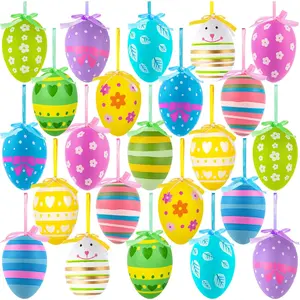 Easter Tree Ornaments, 24Pcs Multicolored Hanging Plastic Easter Eggs Easter Tree Decorations Hanging Easter Eggs, Hand Painted Eggs Easter Ornaments for Tree Basket DIY Crafts Easter Party Favors WhistenFla