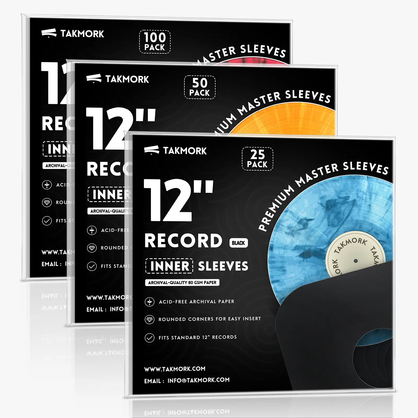 Takmork 12" Heavyweight Acid-Free Paper LP Protective Inner Sleeves - Rounded Corners, Fits 12" Standard Discs, Low-Bulk Black Record Protection Sleeves, Protective Sleeve