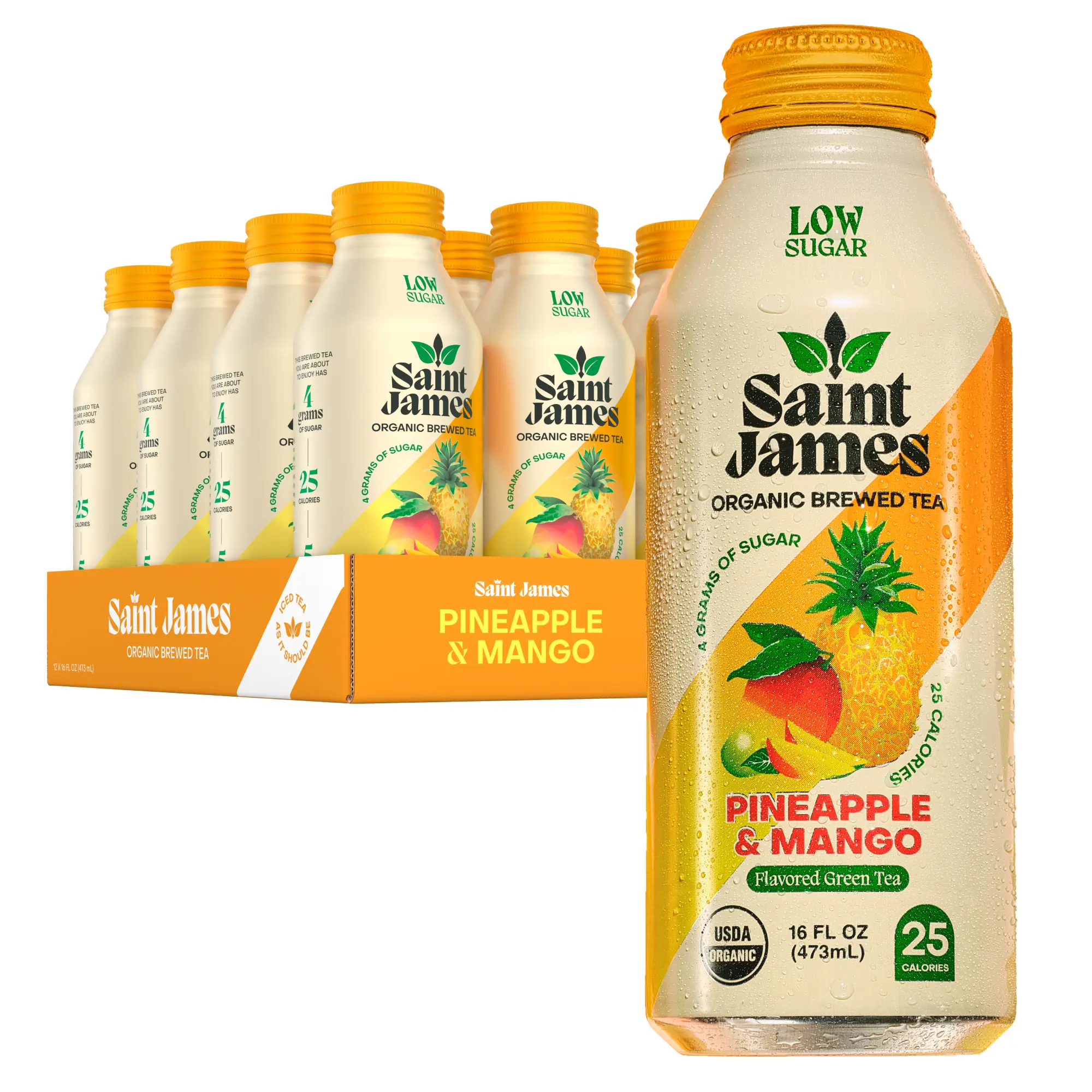 Saint James Pineapple & Mango Organic Green Tea, Low Sugar, 16 Oz, 12 Pack Low Sugar, Non GMO, organic green iced tea, brewed ice tea, antioxidant tea, no artificial flavors, 16 fl oz, 12 pack