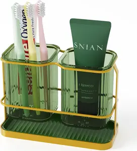 Countertop Toothbrush Holders, Wall Mounted Tooth Brush Toothpaste Holder for with Hook, 2 Cups Toothbrush Organizer with Drain Tray Accessories (Green)