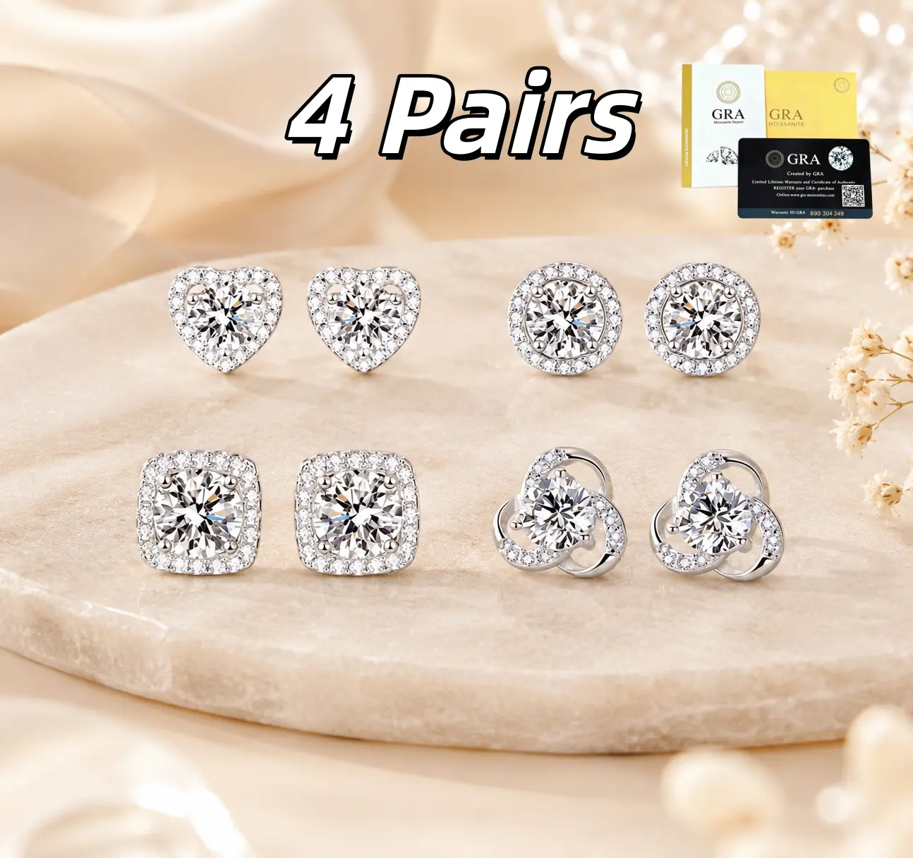 Factory Direct 4 Pairs Moissanite Luxury Sparkly  Earrings for Women,  Waterproof Stud Earrings Set, Everyday Fashion Jewelry Gift for Wife, Bestie, Students