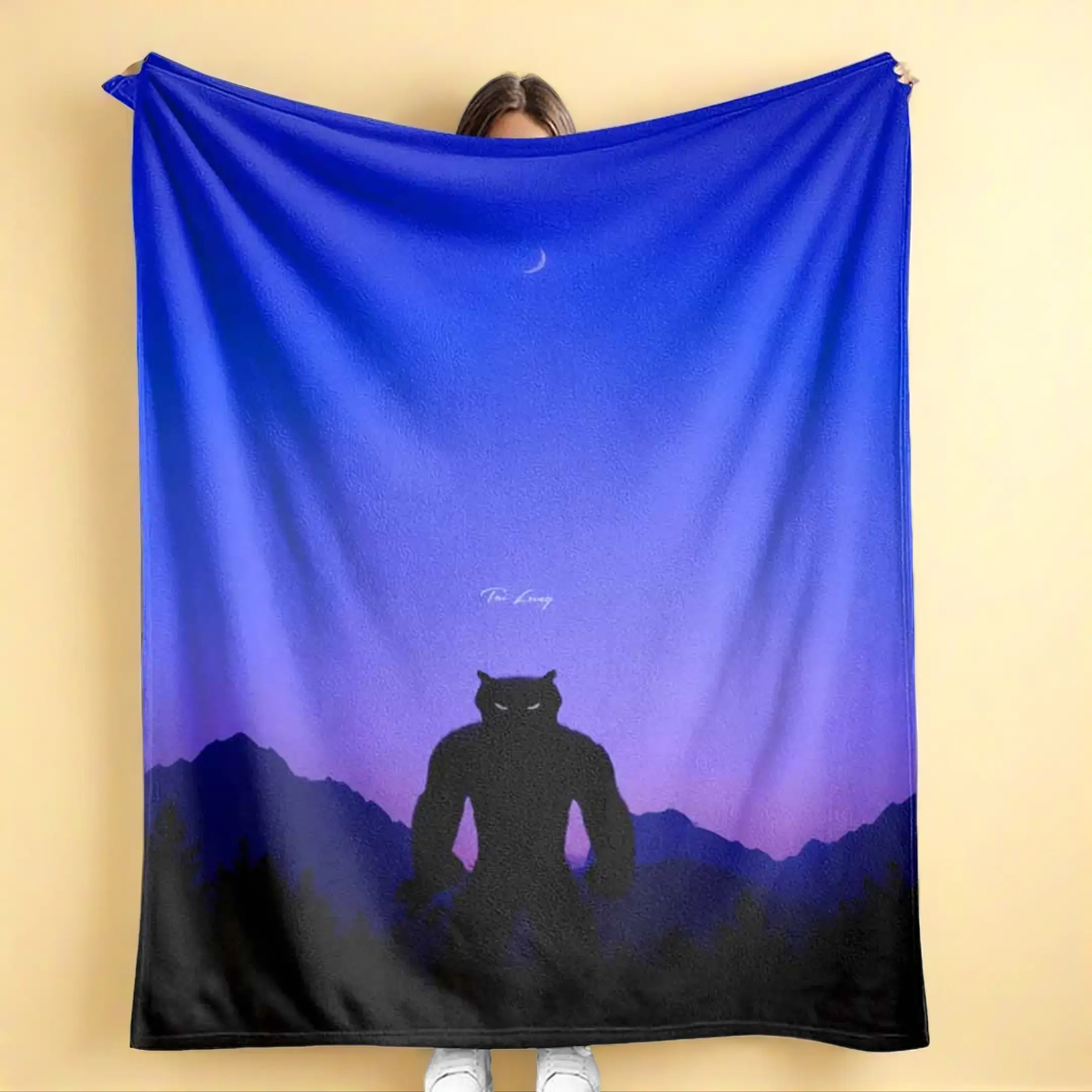 Mystical Black Panther Mountain Moon Flannel Printed Blanket - Anime-Themed Cool-Tone Graphic, Soft Fluffy, Wrinkle-Resistant, Anti-Pilling, Lightweight Breathable Plush for Bedroom, Camping