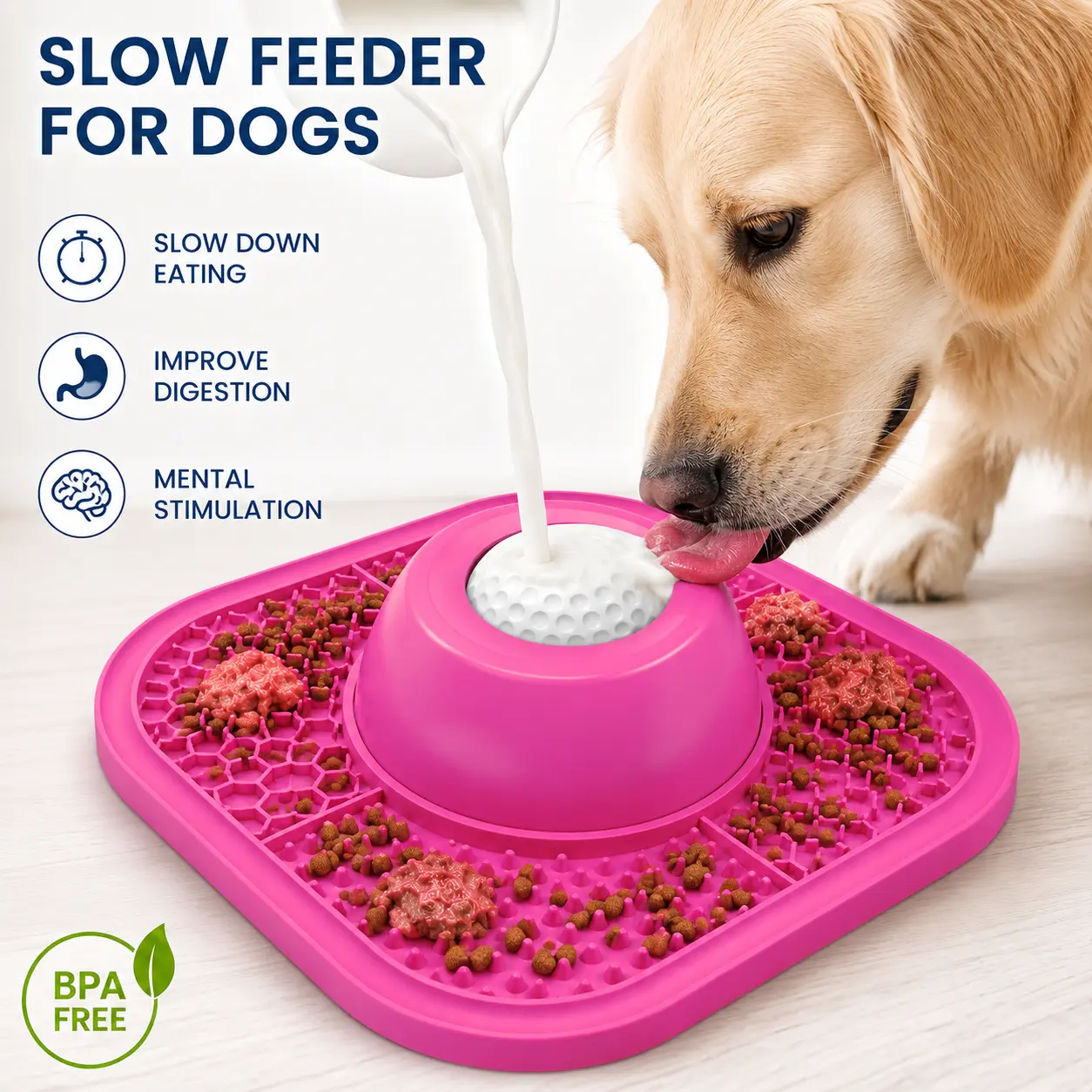Slow Feeder Dog Bowls Lick Mat for Liquid, Anti-Slip Dog Lick Bowl with Interactive Dog Toy Rolling Ball, for Large Medium Small Breeds Dietary Supplement/Post-op Nutrition