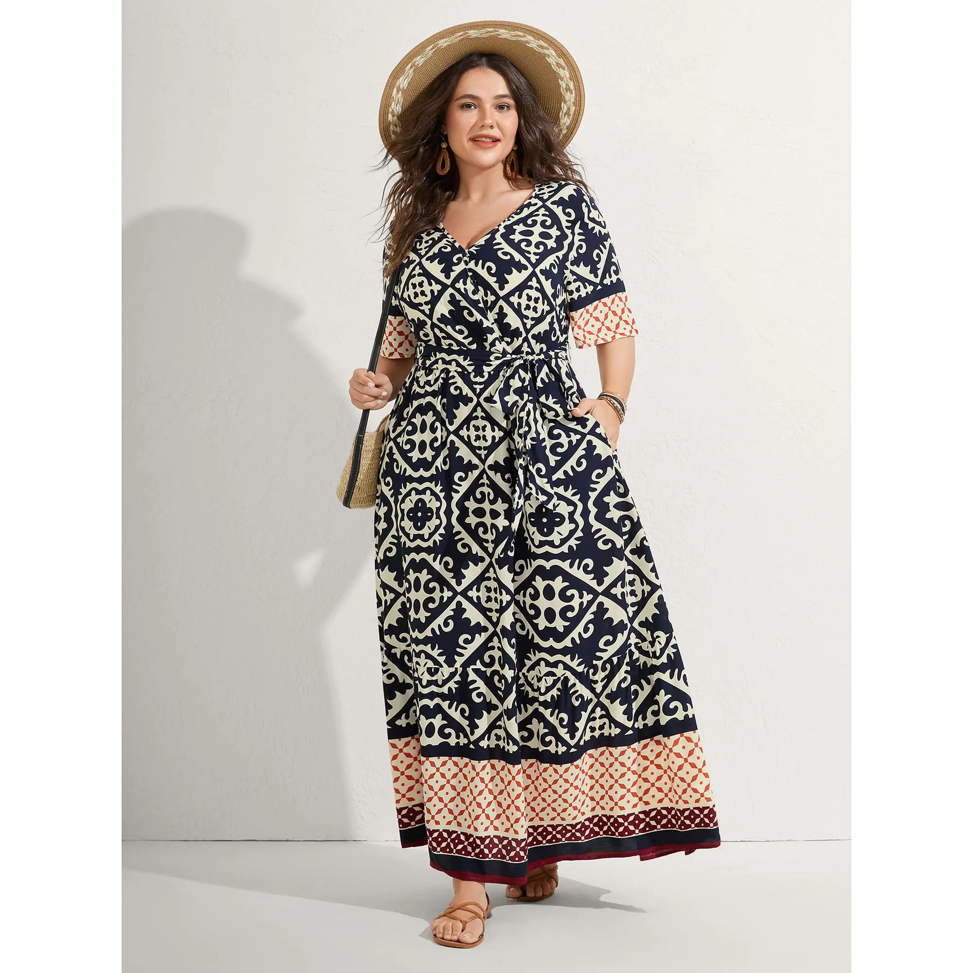 BloomChic Women's Plus Size Comfy Casual Maxi Dress, Colorblock Short Sleeve Belted Summer Dress for Modest Fashion, Smooth, Simple, Everyday, Pocket, Ruffled, Rayon Fabric, Regular Fit, Long Length, Daily, Midnight, Breathable, Bohemian, Casual Wear, Plu