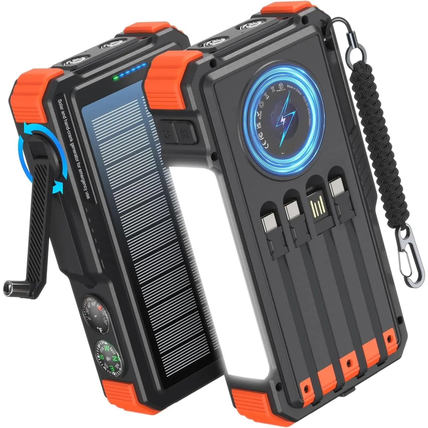 20000mAh Solar Hand Crank Power Bank with 4 Cables, 20W Fast Charging Wireless Portable Charger, USB-C Camping Light, Waterproof Silicone Shell Accessories for Smartphone, iPhone, iPad, Samsung, Water Proof