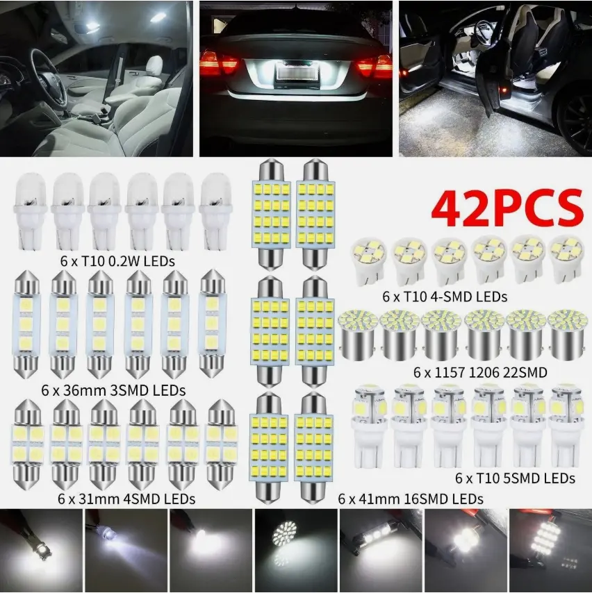 42-Piece White LED Interior Car Light Bulbs Multi-Use Set, Brighter Nights Universal Car Lighting for Dome, Map, Door, Trunk, License Plate Replacement
