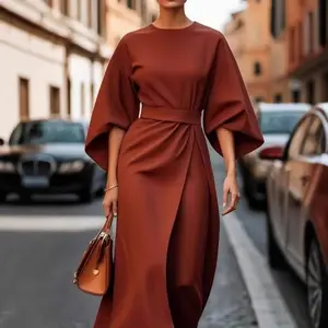2025 women's fashion, elegant and refined, solid-color cinched-waist dress, casual batsleeved long dress