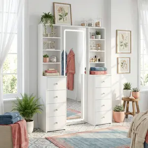 FUFU&GAGA Vanity Set with LED Lighted Mirror, 8 Drawers & Storage Shelves, White Makeup Dressing Table with Full-Length Mirror