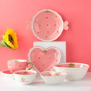 Creative Cute Strawberry Ceramic Salad Bowls Set, Home Dinnerware, Microwave Oven Safe, Dishwasher Friendly, Easy Clean, Scratch Resistant