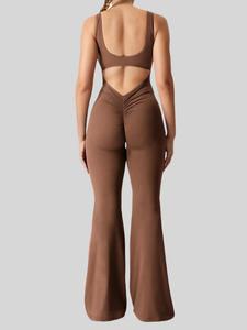 women's backless ruched removable chest padded flare leg jumpsuit, fit casual comfy sleeveless u neck bell bottom jumpsuit for daily wear, chic ladies clothes for all seasons, jumpsuit for women, gym wear, flared jumpsuit, clothes for women, womenswear