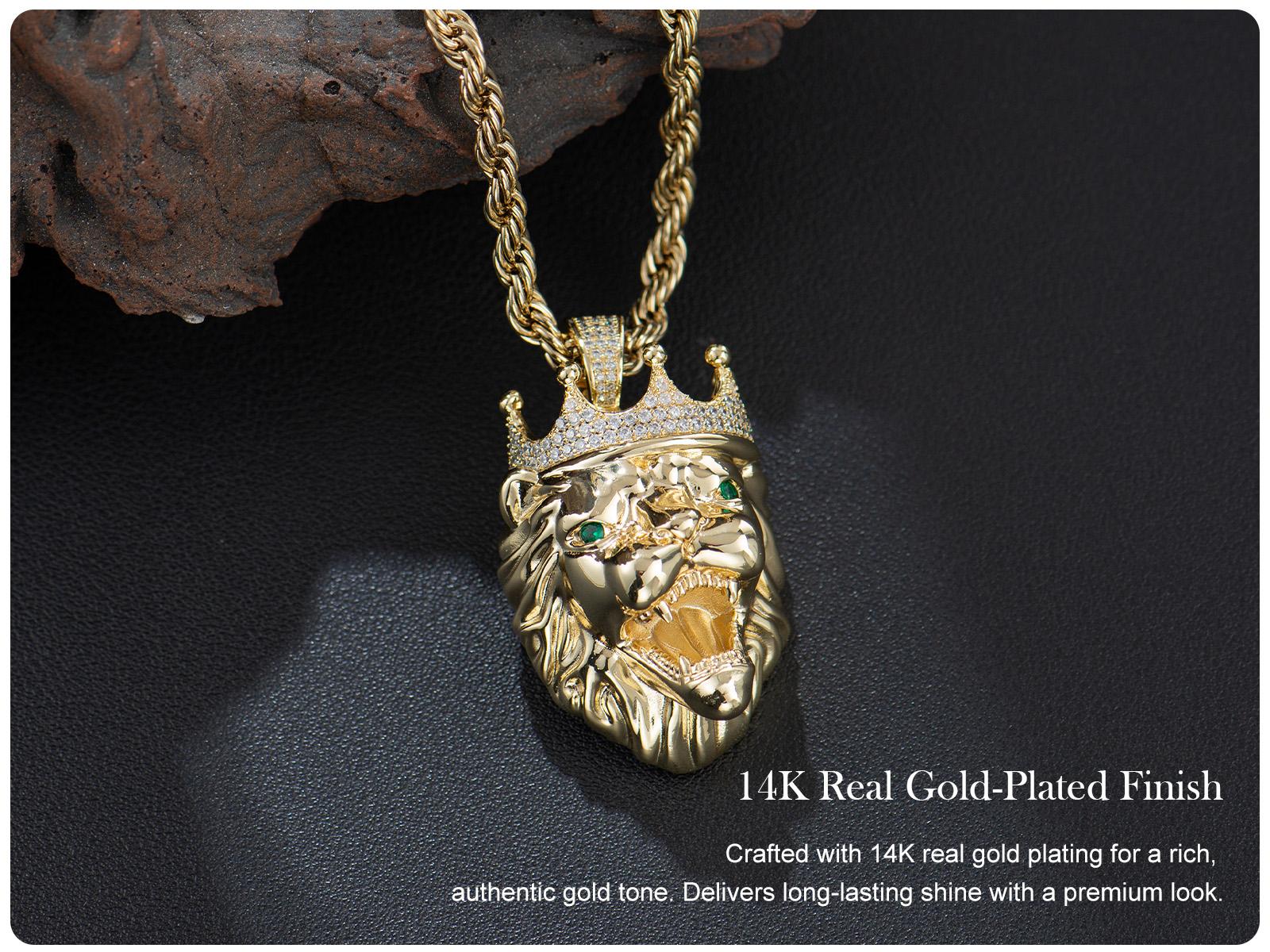 Holylegend 14K Gold-Plated Lion Head Pendant Necklace with CZ Diamond Crown, Emerald Eyes