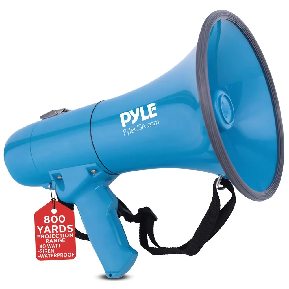 40W Megaphone Bullhorn - Blue | Waterproof & Rechargeable Loudspeaker with Handheld Microphone, Talk & Siren Modes, Adjustable Volume Control & Carry Strap - For Coaches, Emergency Announcement, Commercial & Outdoor Use