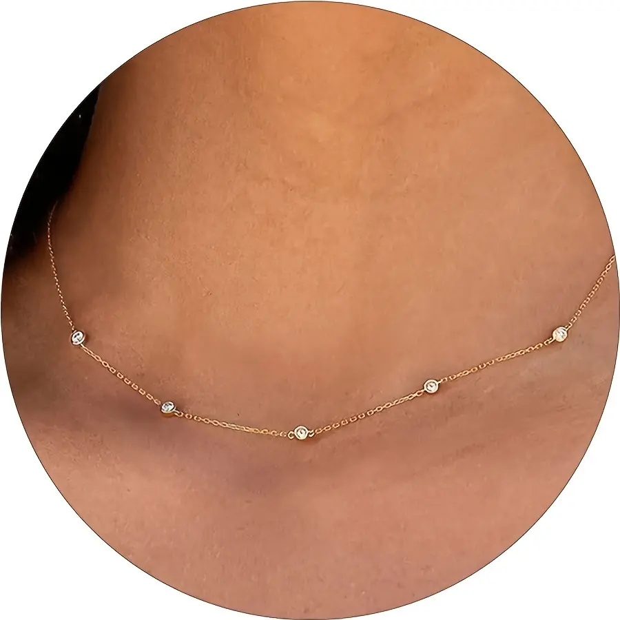 Women's Trendy Cubic Zirconia Chain Solitaire Choker - Shiny Silver Necklaces, Female Fashion Jewelry, Birthday Gift Ideas for Parties