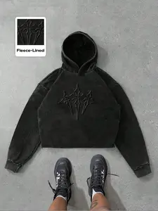 Men's Washed Cotton Cross Stitch 3D Print Gothic Style Hoodie, Fall & Winter Casual Fitted Sweatshirt, Trendy Graphic Design