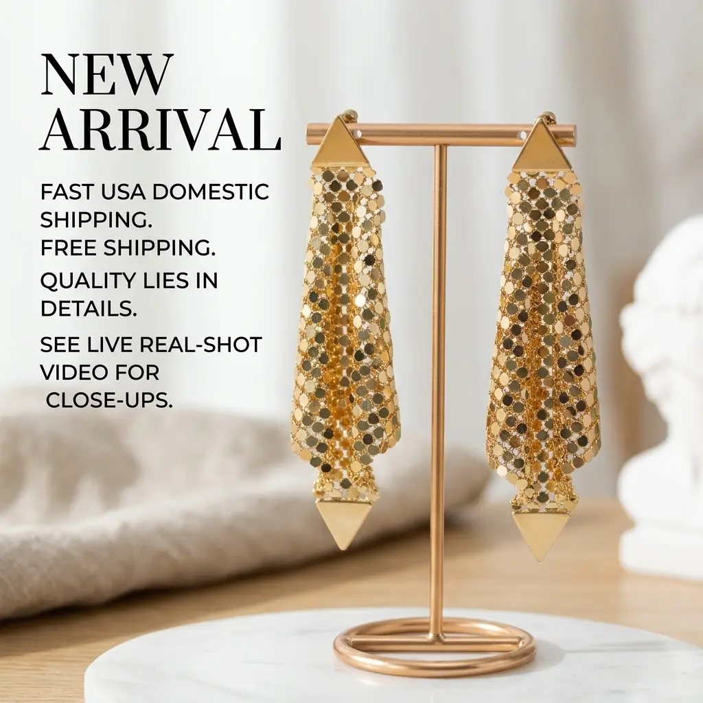 versatile earring，Gold Triangle Sequins Mesh Tassel Earrings, Luxury Shiny Long Fringe Dangle Statement Earrings for Evening Prom Wedding;Silver Shiny Sequins Mesh Long Tassel Drop Earrings