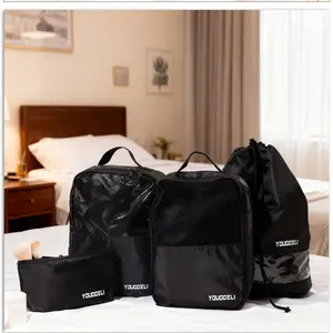YOUGGELI Compression Packing Cubes for Suitcases - 4 Set With,waterproof bag & expansion bag & x toiletry bag & shoe bag,Travel Organizer FallFreshness Black suit
