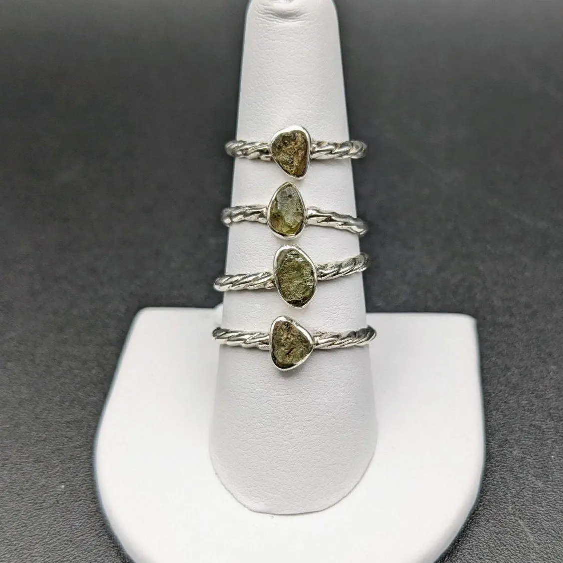 Genuine Moldavite Sterling Silver Twist Band Ring