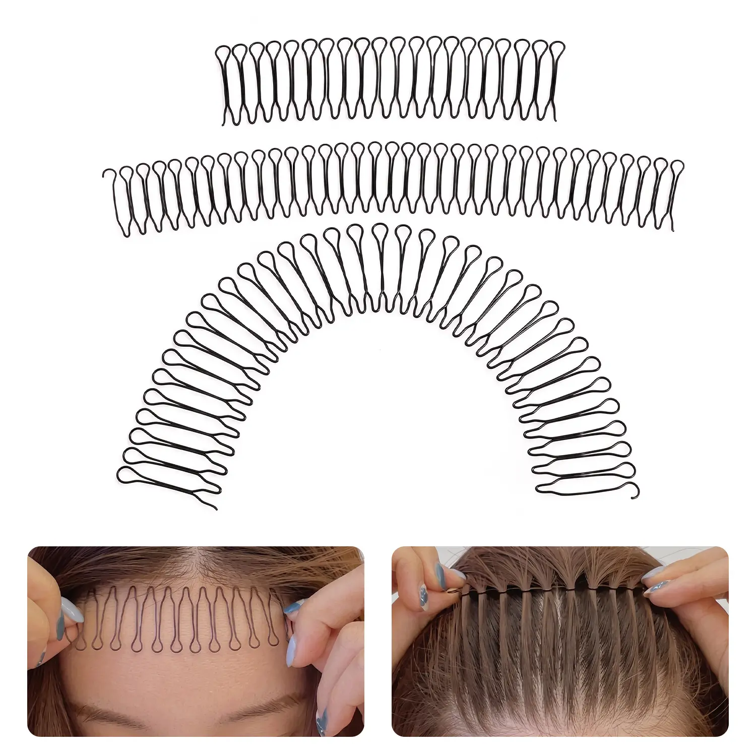 3 PCS U of Shape Hair Finishing Fixer Comb, Bobby Bangs Holder Styling Tool Stretchable Hair Pin U Shape Wavy Comb Clips Spring Headband Circle Styling Black Pins Bun Hairpins for Women Girl
